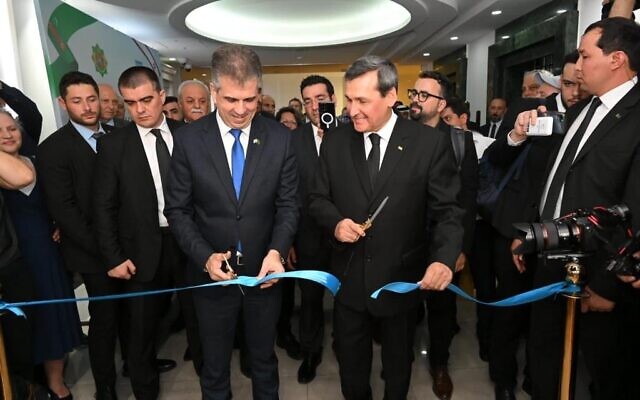 In this handout photo, Foreign Minister Eli Cohen and his Turkmen Rasit Meredow inaugurate Israel's new embassy in Turkmenistan's capital of Ashgabat, April 20, 2023. (Shlomi Amsalem/GPO)