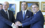 Foreign Minister Eli Cohen (right) meets with the foreign ministers of Greece and Cyprus in Nicosia, Cyprus, March 31, 2023. (Screenshot/Channel 12; Used in accordance with Clause 27a of the Copyright Law)