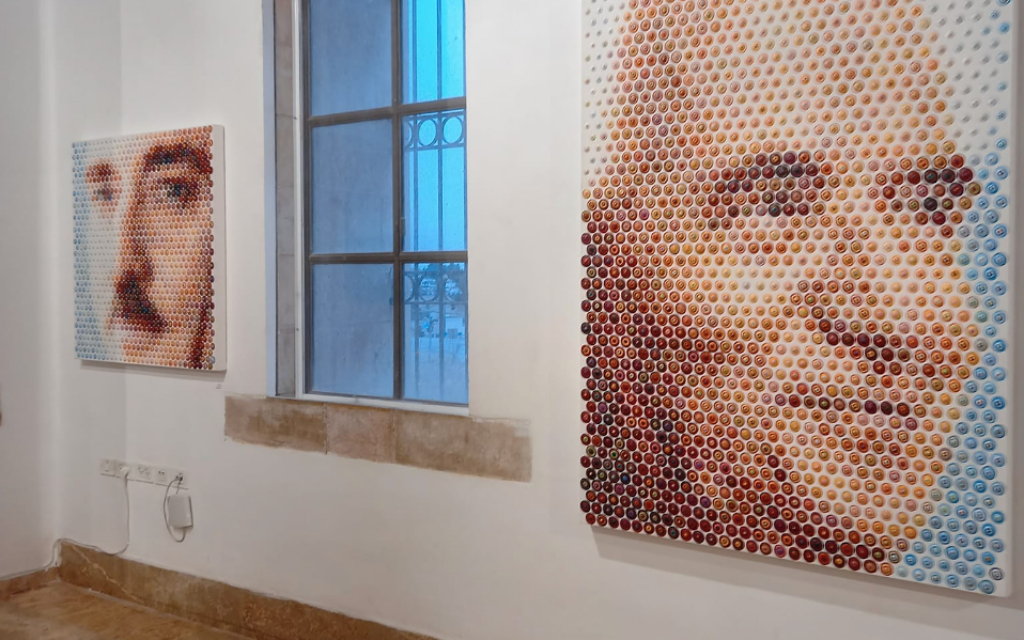 Portraits of Moshe Sharett (left) and David Ben-Gurion as envisioned in Gavin Rain's artwork, part of the Prime Ministers in Perspective exhibit at Jerusalem's Biennale Gallery, April 23, 2023 through May 7, 2023 (Courtesy Clive Hassel/Reproduction of Artists Works for Brandsmiths and Myron Zeidel)