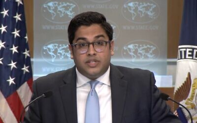 File: US State Department spokesman Vedant Patel in a briefing, 2023. (Video screenshot)