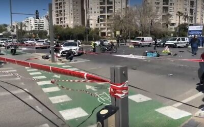 Screen capture from video of the scene of a a fatal traffic collision in Tel Aviv, April 30, 2023. (Magen David Adom)