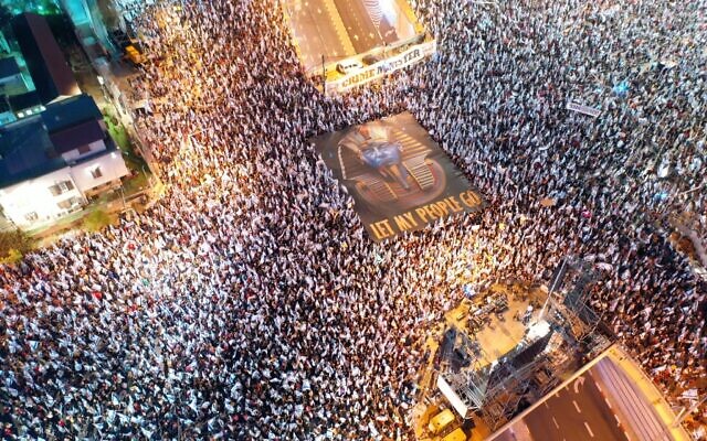 Tens of thousands of people protest against the government's judicial overhaul legislation during the Passover holiday in Tel Aviv, April 8, 2023. (Gitai Palti)