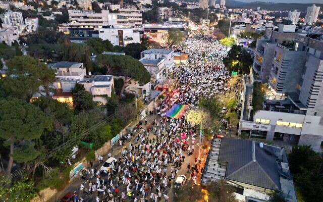 Protesters against the judicial overhaul in Haifa, April 15, 2023. (Lionn Bruckstein/Courtesy)