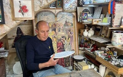 Armenian ceramist Vic Lepejian in his Old City studio, April 23, 2023 (Lazar Berman/Times of Israel)