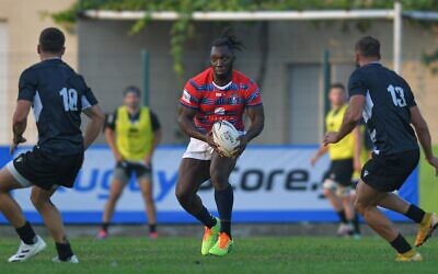 Gabriel Ibitoye of the Tel-Aviv Heat during the Rugby Europe Super Cup on Oct. 16, 2021 in Tbilisi, Georgia. (Levan Verdzeuli/Getty Images via JTA)