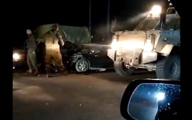The scene of a suspected ramming attack on Israelis in the West Bank near Beit Ummar, April 1, 2023. (Video screenshot)