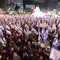 Demonstrators at a rally against the government's judicial overhaul in Tel Aviv on April 1, 2023. (Video screenshot)