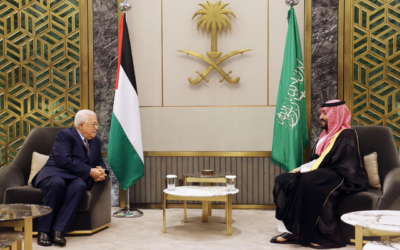 Palestinian Authority President Mahmoud Abbas, left, meeting with Saudi Arabia's Crown Prince Mohammed bin Salman in the Saudi port city of Jeddah, April 19, 2023. (Wafa)