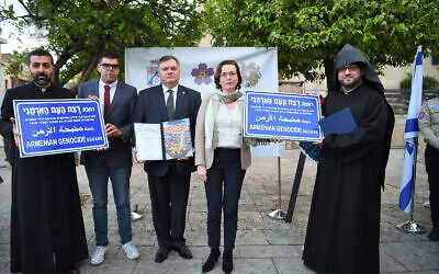 Mayor Einat Kalisch-Rotem and members of the Armenian Christian community of Haifa during the renaming ceremony of the Armenian Genocide Square in Haifa, Israel on March 20. (Haifa Municipality)