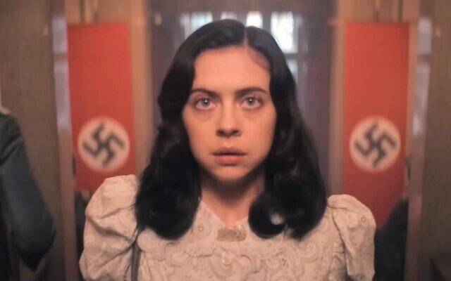 Actress Bel Powley as Miep Gies in Gestapo headquarters, 'A Small Light' miniseries, 2023. (Courtesy)