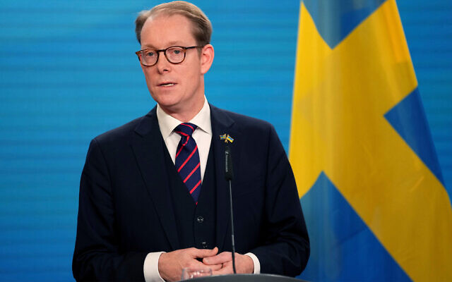 The foreign minister of Sweden, Tobias Billstrom, addresses the media during a press conference in Berlin, Germany, November 10, 2022. (AP Photo/Michael Sohn, File)