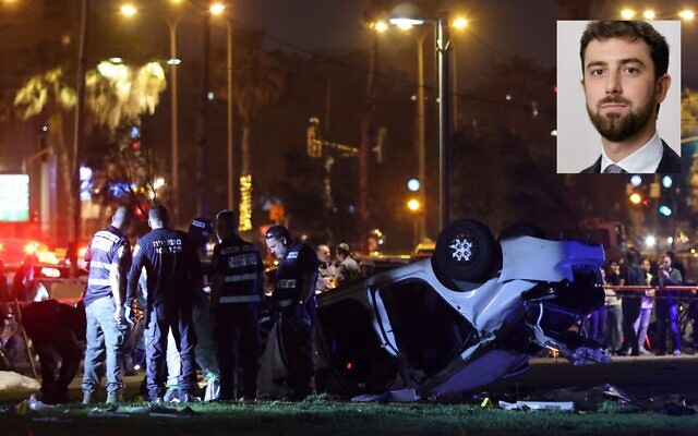 Israeli police and emergency service work around a car involved in a ramming attack in Tel Aviv, Israel, April 7, 2023. (AP/Oren Ziv). Inset: Italian tourist Alessandro Parini, 35, from Rome, was killed in the attack. (Photo via Italian media)