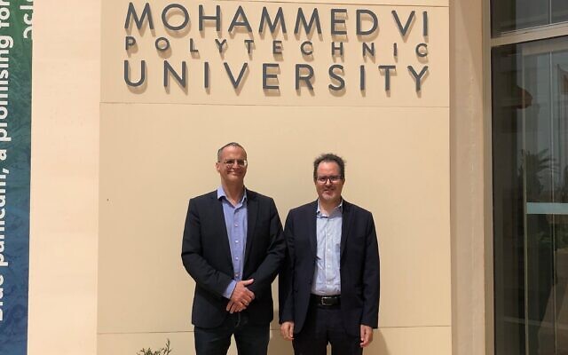 Halman-Aldubi Technologies founder Rony Halman (left) and Lamfeddal Kouisni, project manager at Marrakesh-based Mohammed VI Polytechnic University (UM6P) join forces on food tech project. (Courtesy)