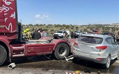 The scene of a collision between a truck and two private vehicles on Route 60 in the northern West Bank, April 5, 2023. (Magen David Adom)