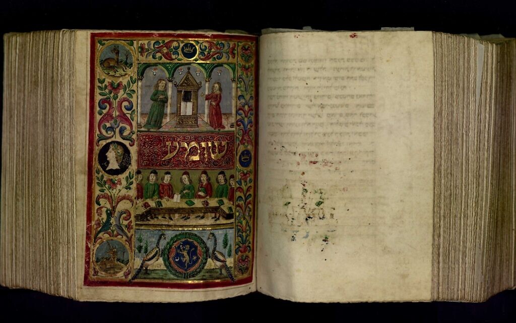 A late-15th century Italian holiday prayer book on display at 'Houses of life: Synagogues and cemeteries in Italy' at the National Museum of Italian Judaism and the Shoah, 2023. (Zurich, David and Jemima Jeselsohn Collection)