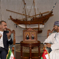 File: Oman's Foreign Minister Sayyid Badr bin Hamad bin Hamood Albusaidi (R) meets with his Iranian counterpart, Hossein Amir-Abdollahian, in Muscat, on April, 25, 2023. (AFP)