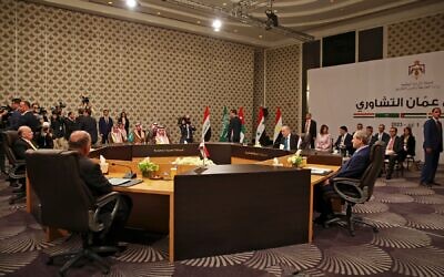 Foreign ministers of Syria, Jordan, Saudi Arabia, Iraq and Egypt meet in Amman on May 1, 2023, to discuss Syria's long-running conflict. (Khalil MAZRAAWI / AFP)