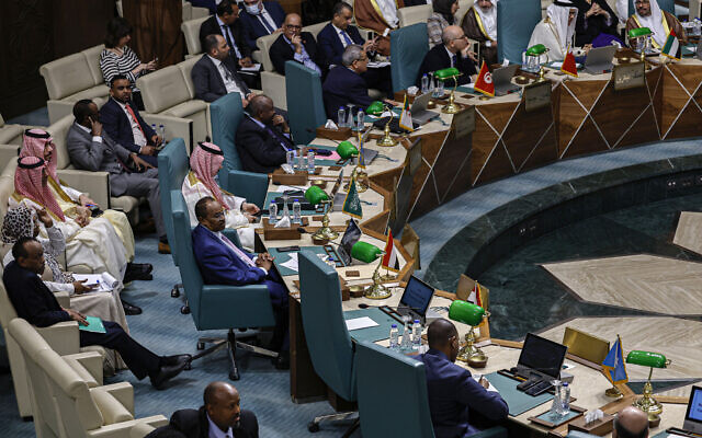 Syria's empty seat is pictured during an emergency meeting of Arab League foreign ministers in Cairo on May 7, 2023. (Khaled DESOUKI / AFP)