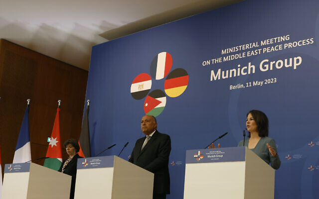 (L-R) France's Foreign Minister Catherine Colonna, Egypt's Foreign Minister Sameh Shoukry and German Foreign Minister Annalena Baerbock give a joint press conference to comment on their Ministerial Meeting on the Middle East Peace Process, on May 11, 2023 at the Foreign Office in Berlin. (Photo by Odd ANDERSEN / AFP)