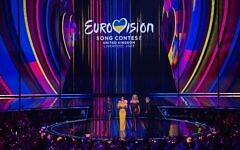 Hosts Alesha Dixon, Graham Norton, Hannah Waddingham and Julia Sanina appear on stage during the final of the Eurovision Song contest 2023 on May 13, 2023 at the M&S Bank Arena in Liverpool, northern England. (Paul ELLIS / AFP)