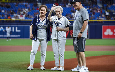 Helen Kahan, center, with her daughter Livia Wein and son Lucian Kahan, at the Yankees-Rays game in Tampa Bay, May 5, 2023. (Courtesy Tampa Bay Rays via JTA)