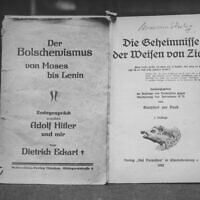 The title pages of a Nazi-published version of 'The Protocols of the Elders of Zion,' an antisemitic text, circa 1935. (Photo by Hulton Archive/Getty Images via JTA)