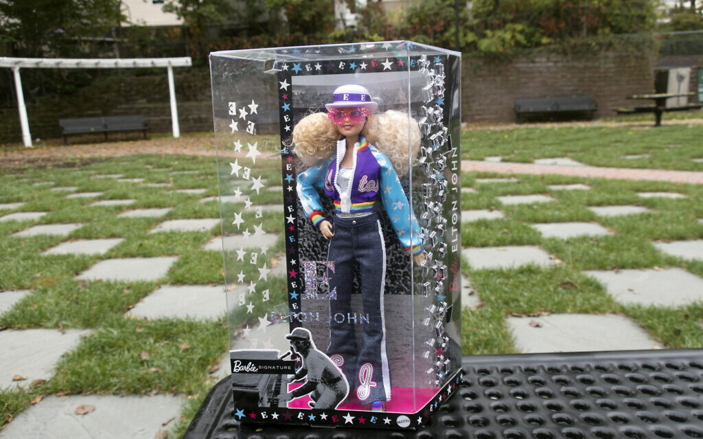 The new Elton John Barbie doll is seen in East Rutherford, New Jersey, on October 22, 2020. (AP Photo/Ted Shaffrey)