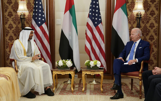 US President Joe Biden meets with Abu Dhabi's Crown Prince Mohammed bin Zayed Al Nahyan Saturday, July 16, 2022, in Jeddah, Saudi Arabia. (AP Photo/Evan Vucci)