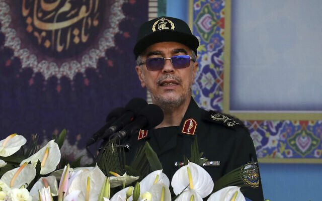 File: Chief of the General Staff of Iran's Armed Forces Gen. Mohammad Hossein Bagheri addresses a military parade commemorating the anniversary of the start of the 1980-88 Iraq-Iran War, in front of the shrine of the late supreme leader Ayatollah Ruhollah Khomeini, just outside Tehran, Iran, September 22, 2022. (AP Photo/Vahid Salemi)