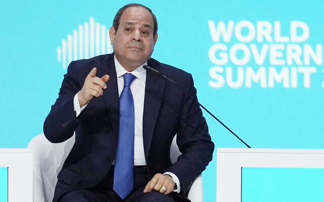 Egyptian President Abdel Fattah el-Sissi talks during the World Government Summit opening day in Dubai, United Arab Emirates, Monday, Feb 13, 2023. (AP Photo/Kamran Jebreili)