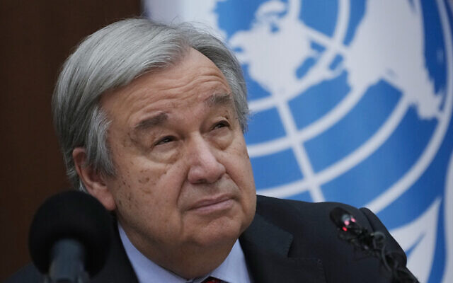 United Nations Secretary-General Antonio Guterres speaks to reporters during a news conference, in Baghdad, Iraq, March 1, 2023. (Hadi Mizban/AP)
