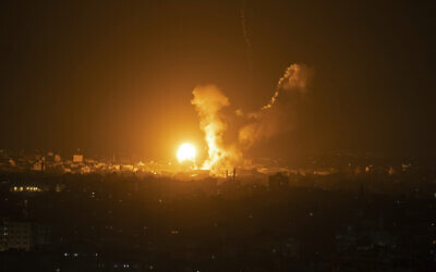 Fire and smoke rise following an Israeli airstrike in the northern Gaza Strip, May 2, 2023. (AP Photo/Fatima Shbair)