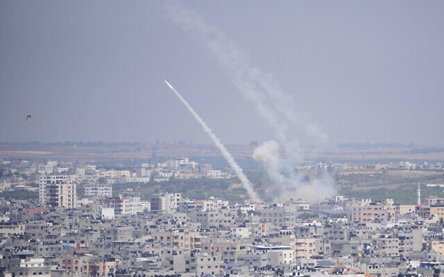 Rockets are launched from the Gaza Strip towards Israel, in Gaza City, Wednesday, May 10, 2023. (AP Photo/Hatem Moussa)