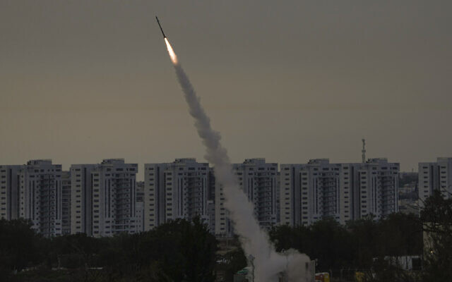The Iron Dome anti-missile system fires to intercept a rocket launched from the Gaza Strip towards Israel, near Ashkelon, May 11, 2023. (AP Photo/Ariel Schalit)