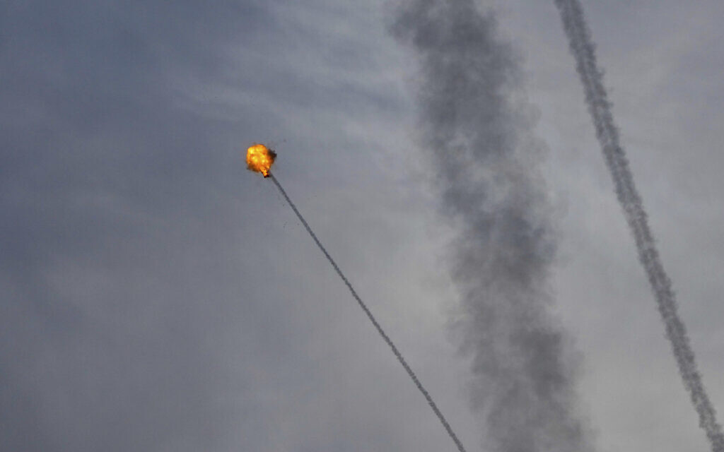 Israel's Iron Dome anti-missile system fires to intercept a rocket launched from the Gaza Strip towards Israel, near Ashkelon, Israel, Thursday, May 11, 2023. (AP Photo/Ariel Schalit)