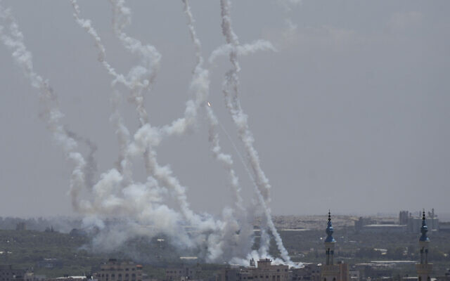 Rockets are launched from the Gaza Strip towards Israel, May 13, 2023. (AP Photo/Hatem Moussa)