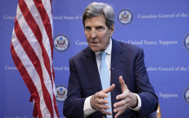 FILE - US Special Presidential Envoy for Climate John Kerry speaks during an interview with The Associated Press at the US Consulate General after the G-7 ministers' meeting on climate, energy and environment in Sapporo, northern Japan, April 16, 2023. (AP Photo/Hiro Komae, File)