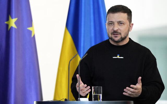 Ukraine's President Volodymyr Zelensky speaks during a media conference at the chancellery in Berlin, Germany, May 14, 2023. (AP Photo/Matthias Schrader)