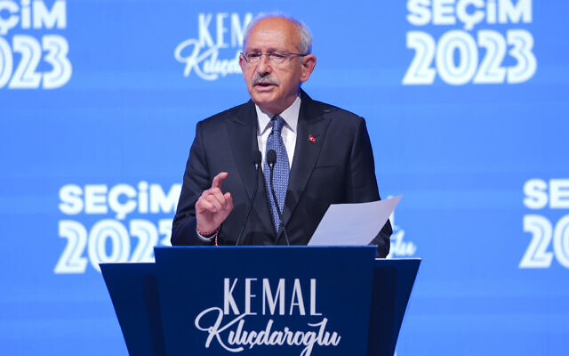 Kemal Kilicdaroglu, the 74-year-old leader of the center-left, pro-secular Republican People's Party (CHP) speaks at the party's headquarters in Ankara, Turkey, on Sunday, May 14, 2023. (AP Photo)