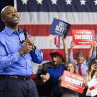 Republican presidential candidate Tim Scott delivers his speech announcing his candidacy for president of the United States on the campus of Charleston Southern University in North Charleston, South Carolina, May 22, 2023. (Mic Smith/ AP)