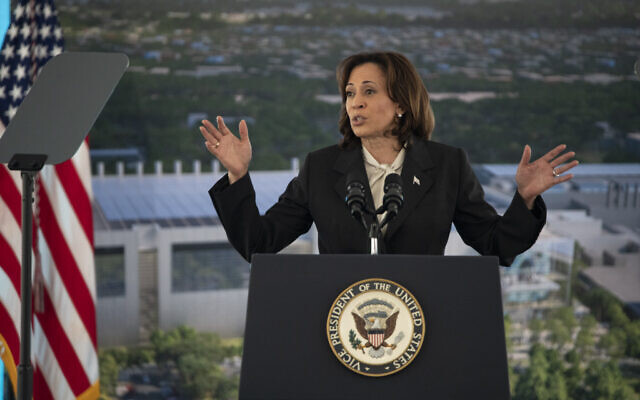 US Vice President Kamala Harris speaks at the investment ceremony for Applied Materials' new R&D center on Monday, May 22, 2023 in Sunnyvale, California. (Peter Barreras/AP Images for Applied Materials, Inc.)