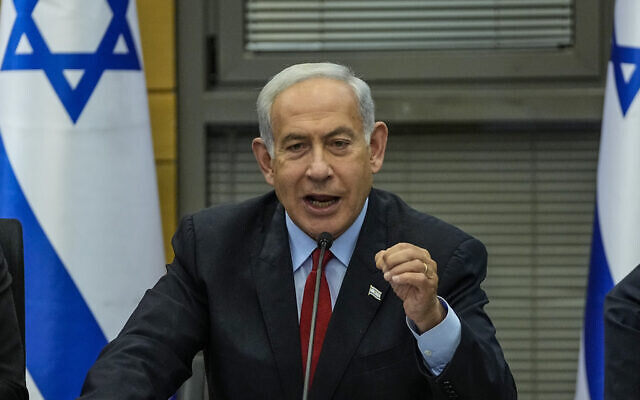 Prime Minister Benjamin Netanyahu delivers a statement in the Knesset, Israel's parliament in Jerusalem, Tuesday, May 23, 2023. (AP Photo/Ohad Zwigenberg)