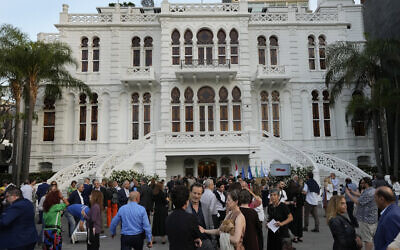 Illustrative: A crowd of people gathers at the courtyard of the Sursock Museum during an opening event for the iconic venue in Beirut, Lebanon on May 26, 2023. (AP Photo/Hussein Malla)