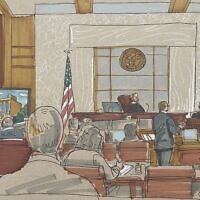 In this courtroom sketch, prosecuting attorney Eric G. Olshan questions witness Rabbi Jeffrey Myers of the Tree of Life Congregation, in the federal trial for 2018 synagogue massacre suspect Robert Bowers, on Tuesday, May 30, 2023, in Pittsburgh. (David Klug via AP)