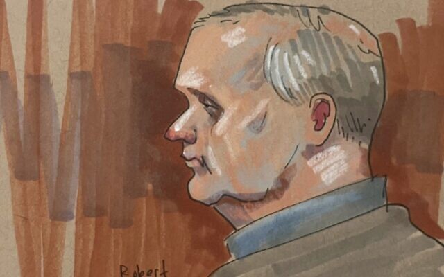 In this courtroom sketch, Robert Bowers, the suspect in the 2018 synagogue massacre, is on trial in federal court in Pittsburgh, on May 30, 2023. (David Klug via AP)