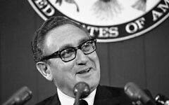 Secretary of State Henry A. Kissinger briefs newsmen on Friday, Oct. 12, 1973 at the State Department in Washington. The press conference followed his visit to the United Nations where he conferred with Israeli Foreign Minister Abba Eban on the troubled Middle East. (AP Photo)