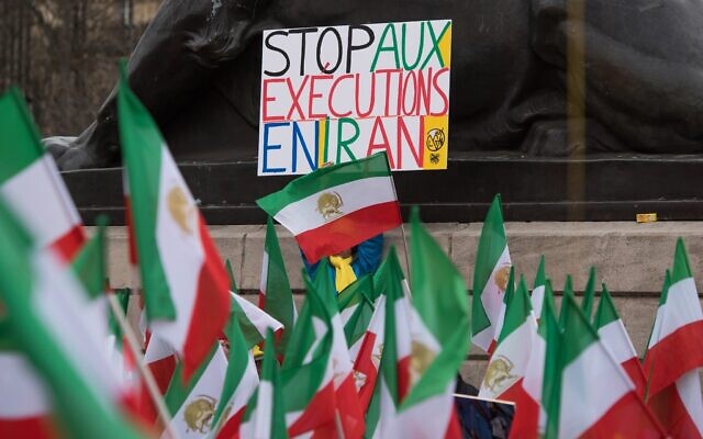 A demonstrator holds up a sign reading 'Stop Executions in Iran' as Iranian opposition protesters carry their national flags in Paris during a rally to protest against the visit of the Iranian President, Hassan Rouhani, in France, Thursday, January 28, 2016.  (AP Photo/Zacharie Scheurer)