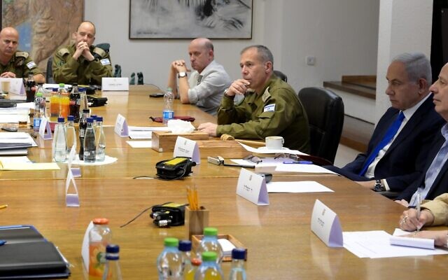 In this handout photo, Prime Minister Benjamin Netanyahu holds a situational assessment with Defense Minister Yoav Gallant, IDF Chief of Staff Herzi Halevi and other senior officials on May 9, 2023. (Avi Ohayan/GPO)