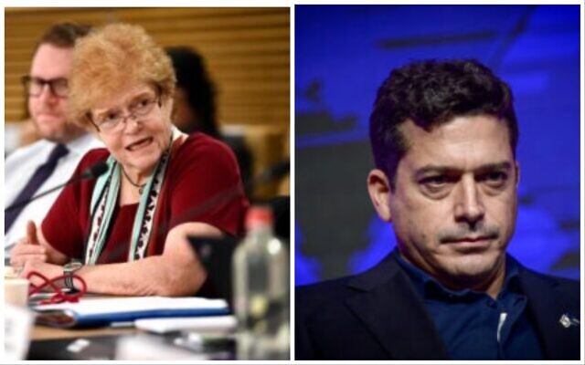 (L) US Special Envoy to Combat and Monitor Antisemitism Deborah Lipstadt speaks at a conference in Brussels on October 20, 2022. (R) Likud MK Amichai Chikli speaks at the Federation of Local Authorities conference in Tel Aviv, December 7, 2022. (US State Department/Tomer Neuberg/Flash90)