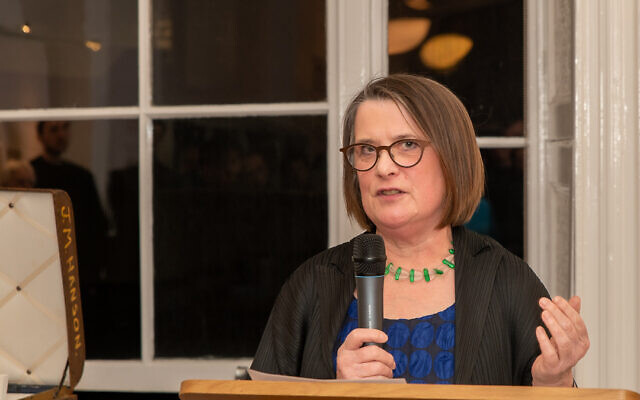 Deborah Jaffe speaks at the exhibition at the Wiener Holocaust Library in London, February 23, 2023. (Adam Soller Photography)